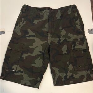 Green and Brown Cargo Shorts with Camouflage Pattern